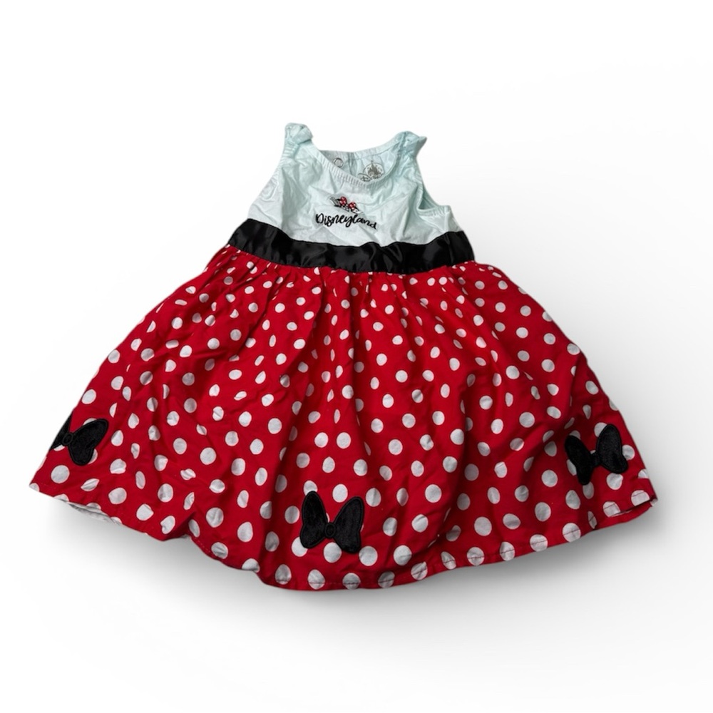 Disney Minnie Mouse Embroidered Dress Red Polka‎ Dot Black Bow Patches Sz 12M
